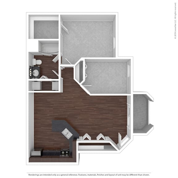 A floor plan of a house with a kitchen, living room, and two bedrooms.
