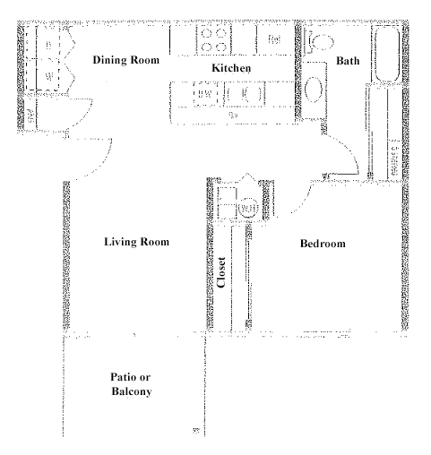 the schematic diagram of the kitchen and living room of a house
