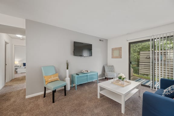 our apartments offer a living room with a couch coffee table and tv at The Woodridge Collection, Ohio