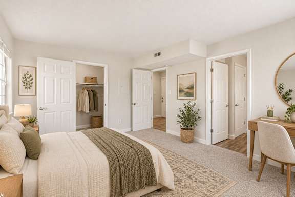 A bedroom with a large bed and a desk with a chair.