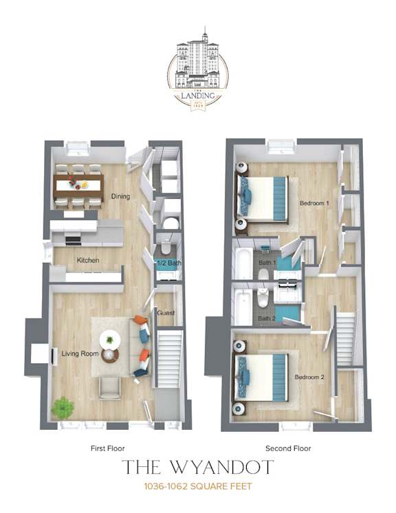 A floor plan of a two-story apartment with two bedrooms, two bathrooms, a living room, a dining room, and a kitchen.