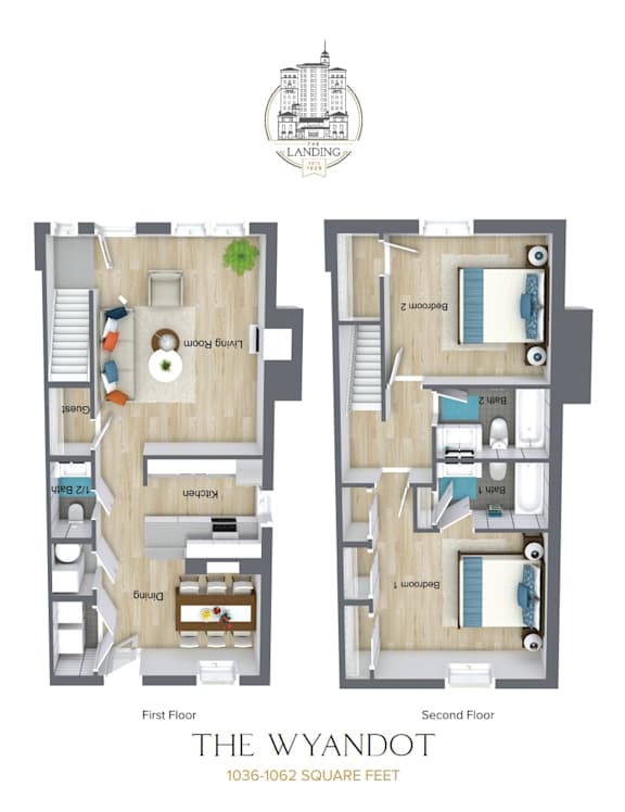 A floor plan of a two-story apartment named "The Wyndot" with a total of 1036 square feet.