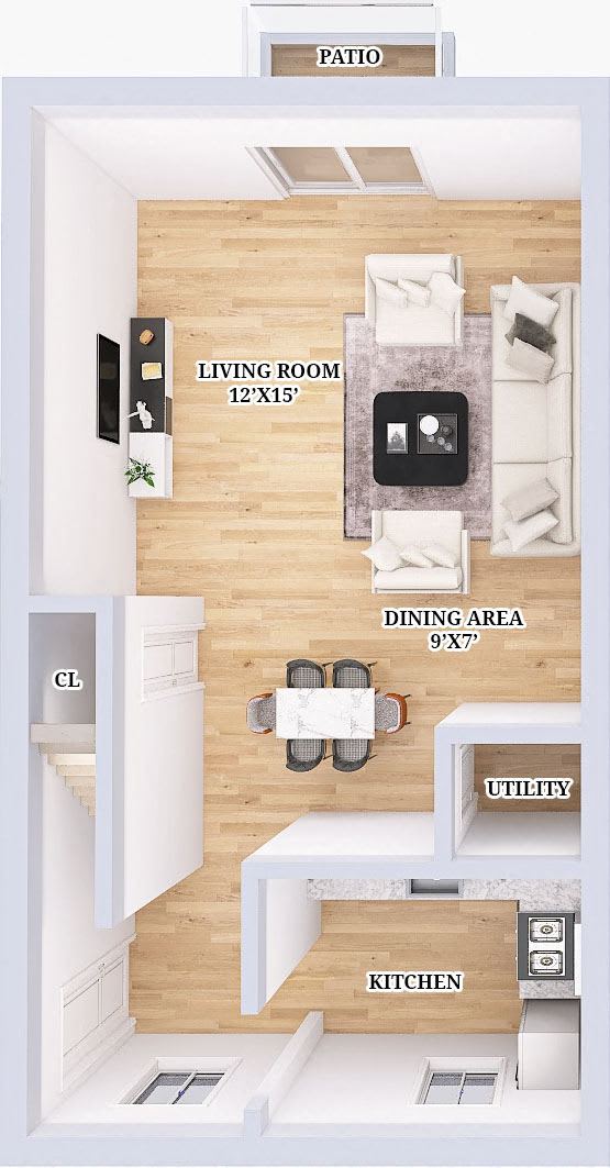 an overhead view of a living room with a wood floor