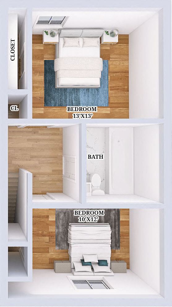 a room with a bed and a book shelf