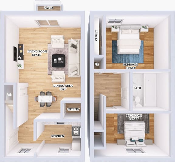 Floor Plan  a 3d rendering of a bedroom with a wood floor