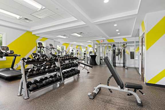 A gym with a variety of equipment including weights and a bench at Rose Hill Apartments, Virginia