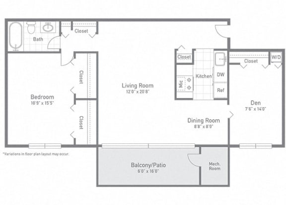 Floor Plan  Large apartment with balcony area at Tysons Glen Apartments and Townhomes, Virginia, 22043