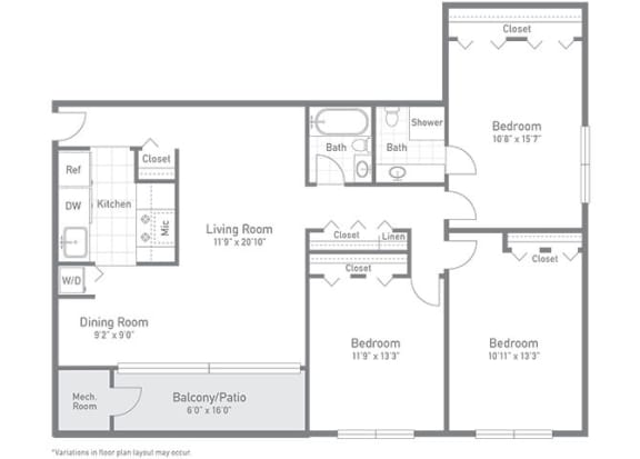 Floor Plan  Three bedroom apartment unit area at Tysons Glen Apartments and Townhomes, Falls Church