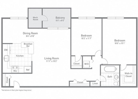 Floor Plan  Two bedroom apartment unit at Tysons Glen Apartments and Townhomes, Falls Church, VA, 22043