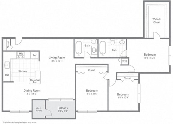Large apartment floor plan for families at Tysons Glen Apartments and Townhomes, Falls Church, Virginia