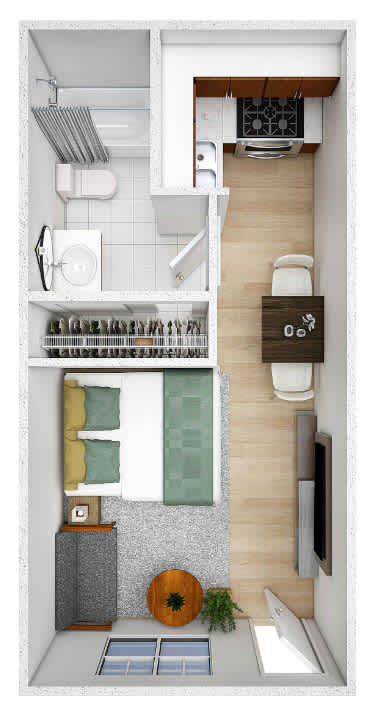 A small apartment with a kitchen, living room, and bathroom.