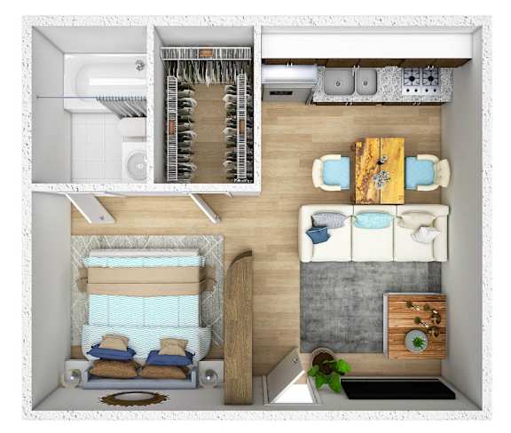 A 3D floor plan of a small apartment with a kitchen, living room, and bathroom.
