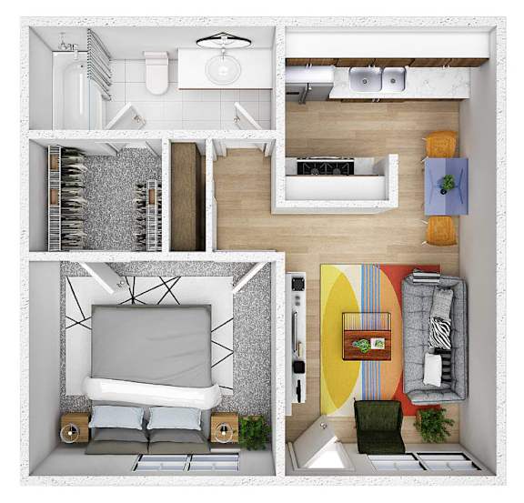 A floor plan of a small apartment with a bedroom, living room, and kitchen.