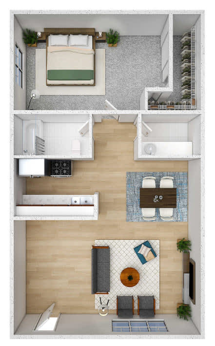 A top-down view of a small apartment with a bedroom, living room, and kitchen.
