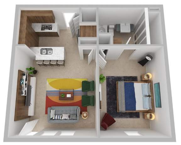 A top down view of a small apartment with a living room, kitchen, and bedroom.