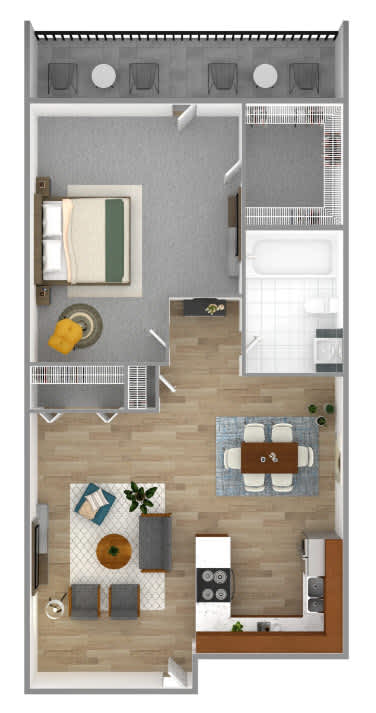 A floor plan of a small apartment with a kitchen, living room, and bathroom.