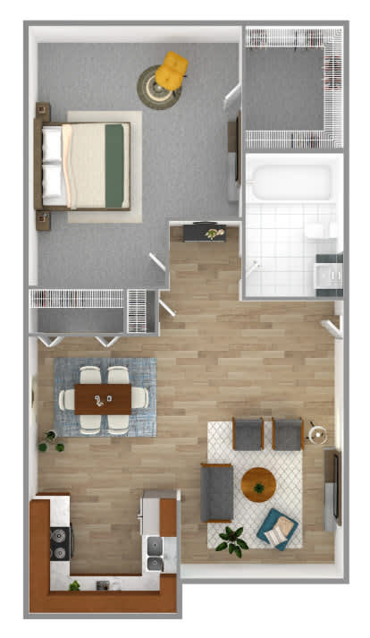 A floor plan of a small apartment with a kitchen, living room, and bathroom.