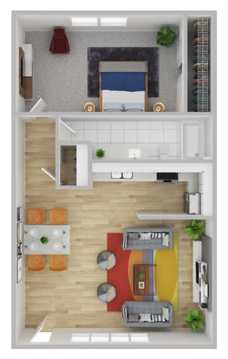 A top-down view of a living room with a fireplace, a couch, and a coffee table.