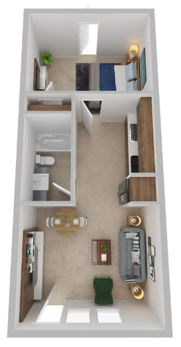 A top down view of a small apartment with a kitchen, living room, and bathroom.