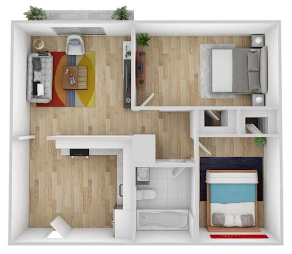 A top-down view of a small, well-organized apartment with a kitchen, living room, and bedroom.