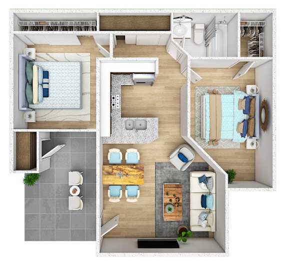A top-down view of a house layout with a kitchen, living room, dining area, and bathroom.