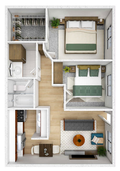 A top-down view of a small apartment with a bed, a couch, a kitchen area, and a bathroom.