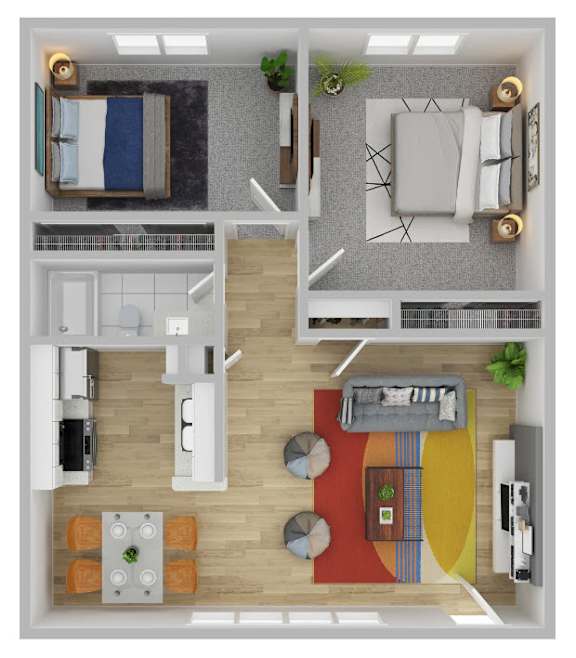 A top-down view of a modern apartment layout with a bedroom, living room, kitchen, and dining area.