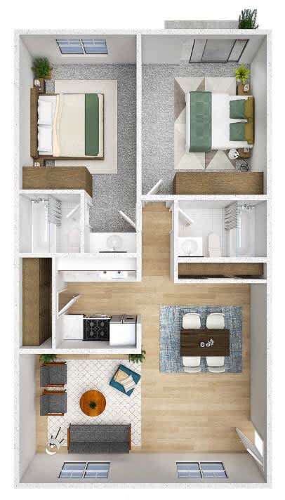 A floor plan of a small apartment with a kitchen, living room, and bathroom.