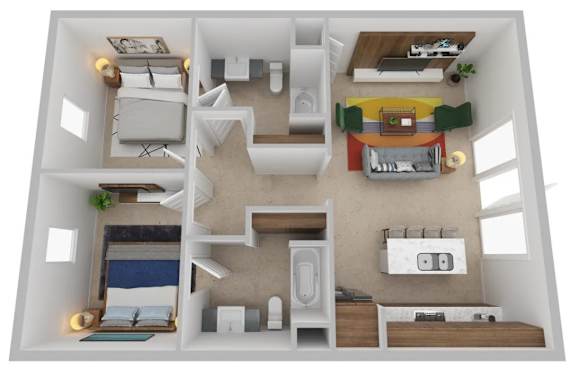A 3D floor plan of a small apartment with a kitchen, living room, and bedroom.