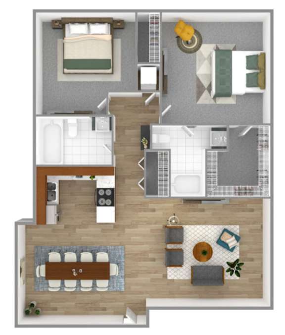 A floor plan of a house with a kitchen, living room, dining room, and bedrooms.