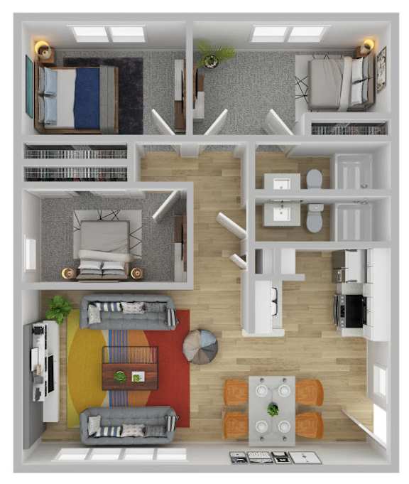A top-down view of a small apartment with a kitchen, living room, and bedrooms.