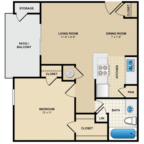A floor plan of a home with a living room, dining room, bedroom, and bathroom.