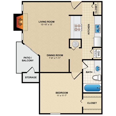A floor plan of a small apartment with a living room, dining room, kitchen, bath, bedroom, and storage area.
