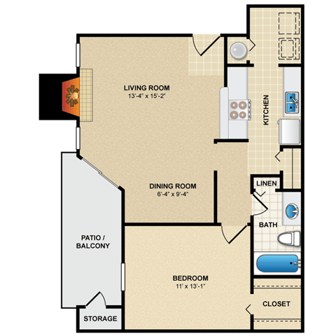 A floor plan of a small apartment with a living room, dining room, bedroom, and bathroom.