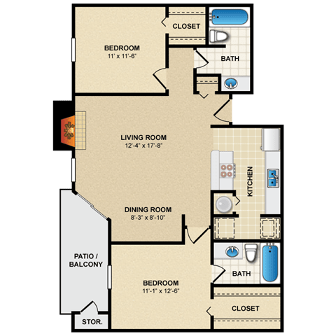 A floor plan of a home with a living room, dining room, kitchen, and two bedrooms.