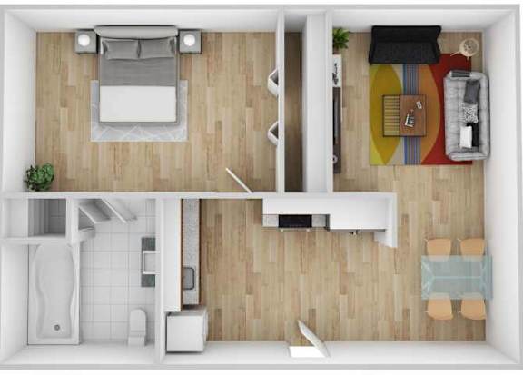 A top-down view of a small apartment with a kitchen, living room, and bathroom.