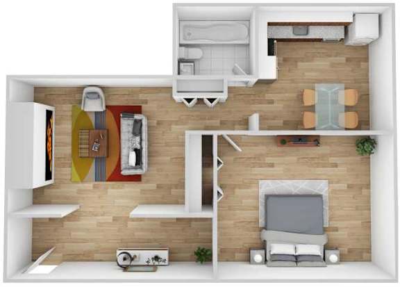 A 3D floor plan of a small apartment with a kitchen, living room, and bedroom.