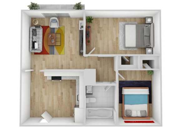 A top-down view of a small apartment with a kitchen, living room, and bathroom.