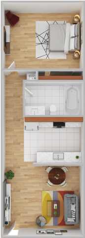 A top-down view of a kitchen with a dining area.