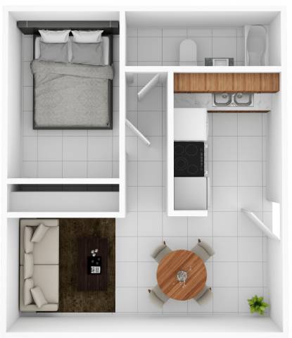 Floor Plan  A top-down view of a small apartment with a bed, a kitchenette, and a living area.
