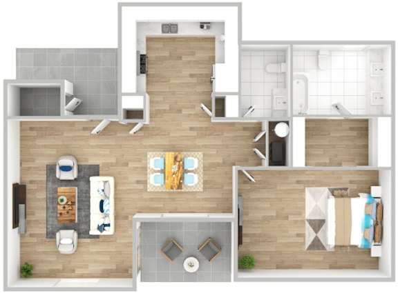 A modern house plan with a kitchen, living room, dining area, and bathrooms.