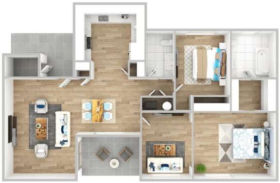 A floor plan of a modern apartment with a kitchen, living room, and bathroom.