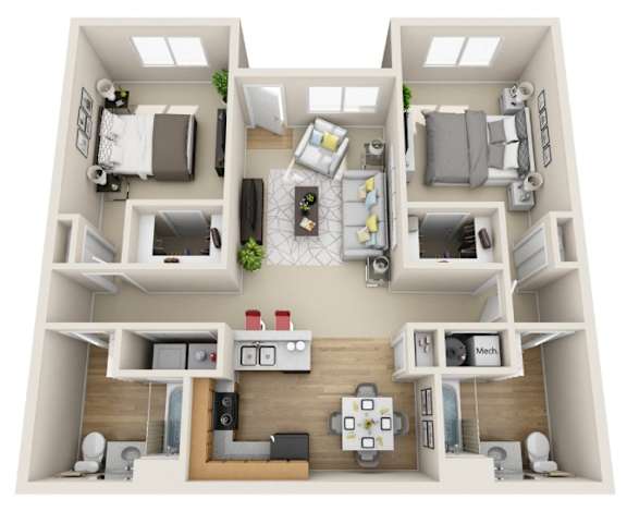 A top-down view of a modern apartment layout with a kitchen, living room, and two bedrooms.