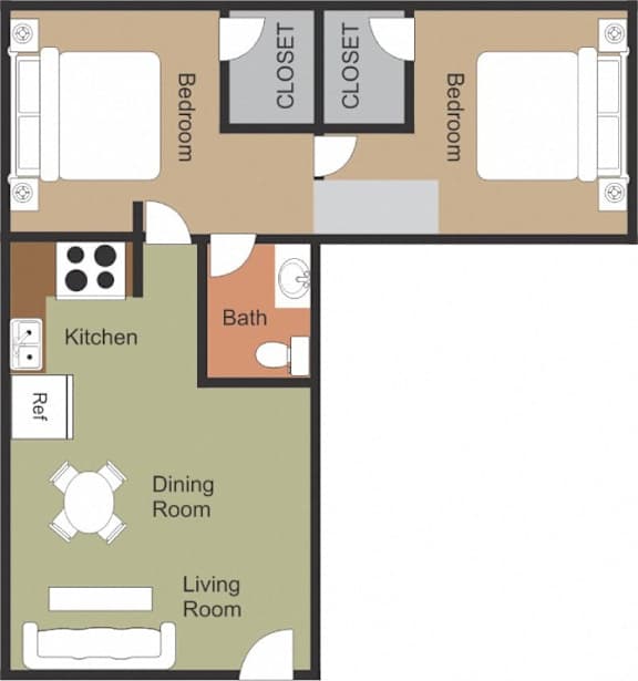 A floor plan of a house with two bedrooms, a bathroom, a kitchen, a dining room, and a living room.