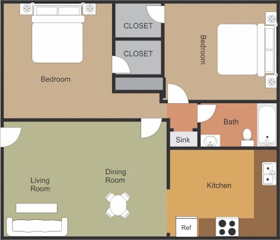 A floor plan of a house with a living room, dining room, kitchen, and two bedrooms.