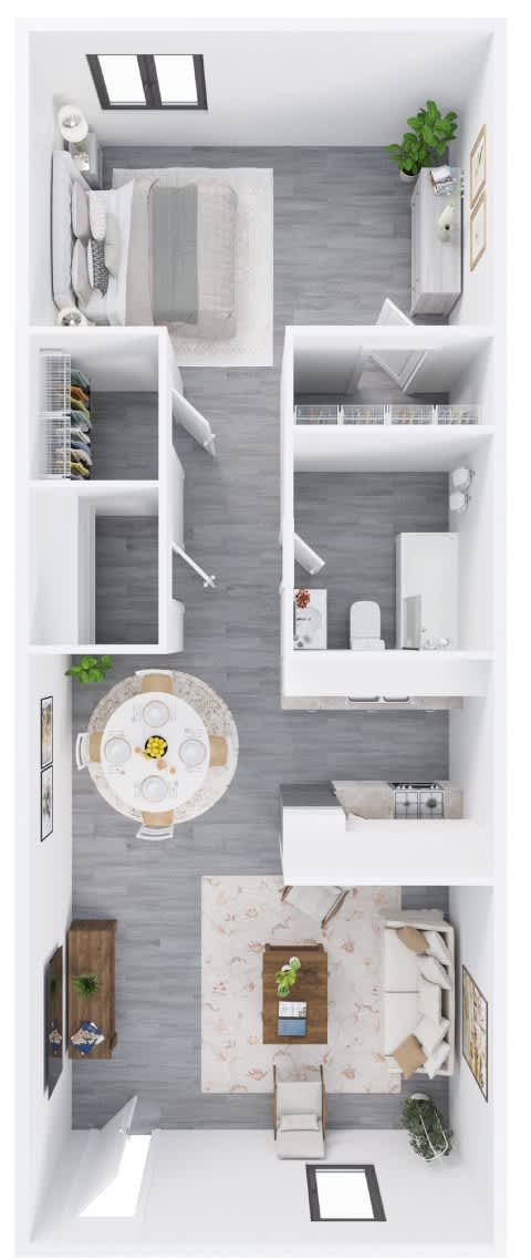 A floor plan of a house with a kitchen, living room, and two bedrooms.