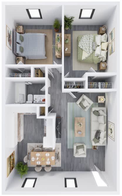 A 3D floor plan of a small apartment with a bedroom, living room, kitchen, and bathroom.
