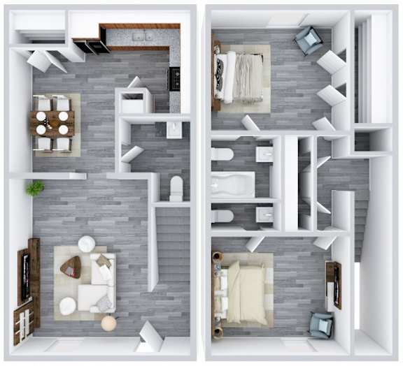 A top-down view of a modern apartment with two bedrooms, a living room, and a kitchen.