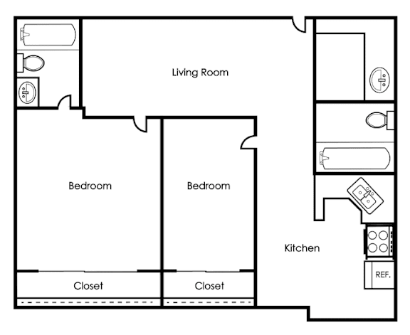 A floor plan of a home with a living room, two bedrooms, a kitchen, and two closets.