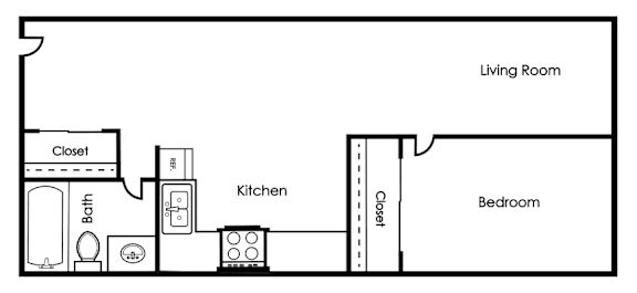 A floor plan of a living room, kitchen, and bedroom.